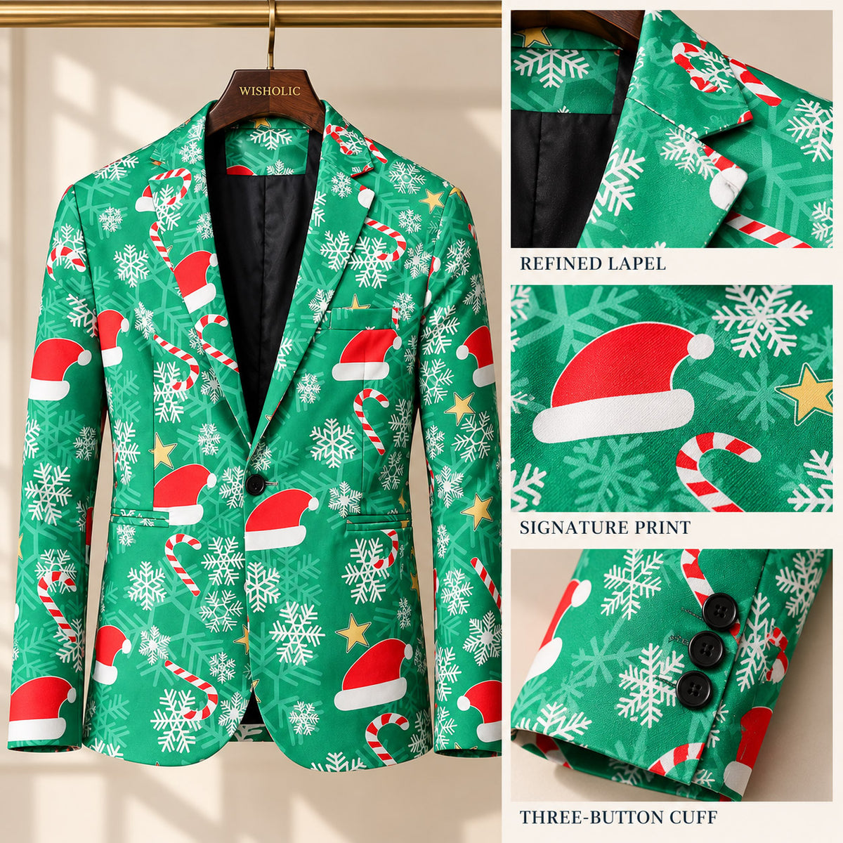 Close-up craftsmanship details of Wisholic green Christmas suit jacket showing lapel, print, and cuffs