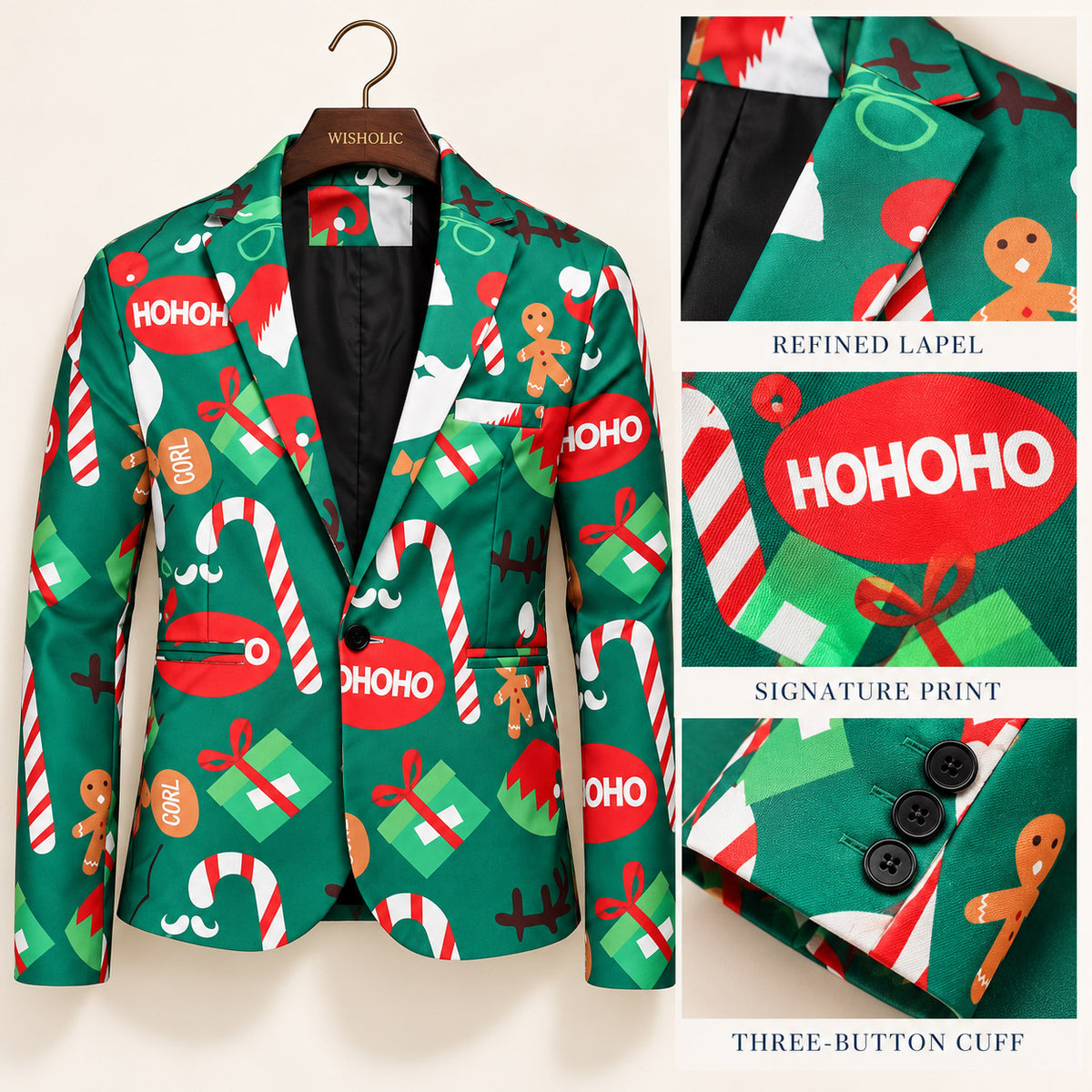 Product details of Wisholic green holiday blazer highlighting the refined lapel, Ho Ho Ho signature print, and three-button cuffs.