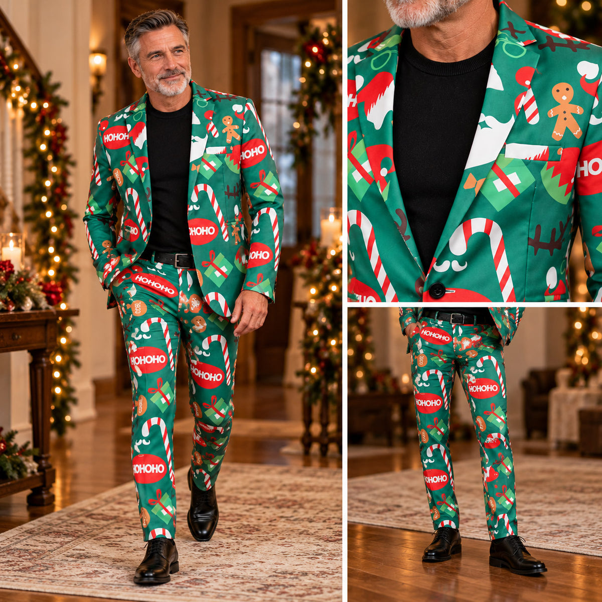 Wisholic festive green printed holiday suit for men showing full-length walking look, lapel closeup, and printed pants details.