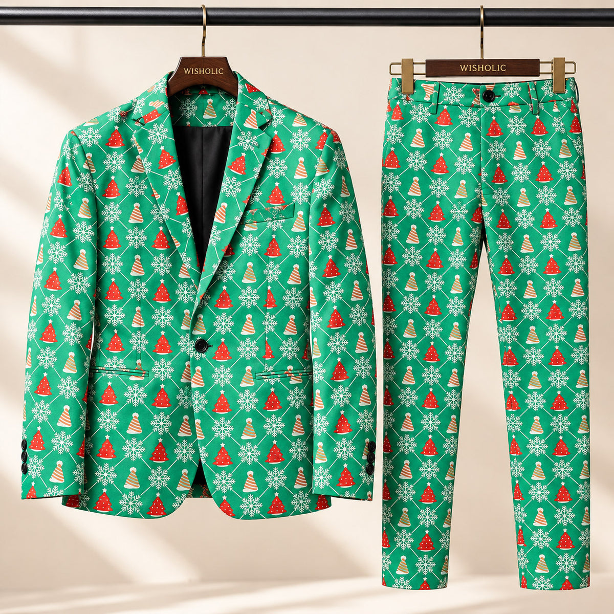 Wisholic men's green holiday party printed blazer and matching trousers on display hangers