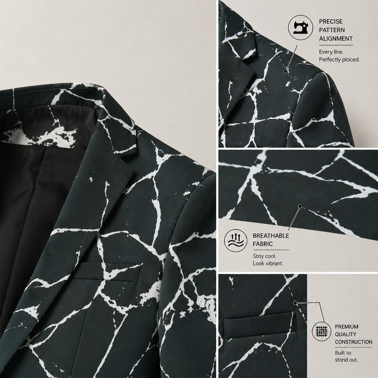 Close-up details of Wisholic green marble suit showing precise pattern alignment, breathable fabric texture, and premium quality tailoring construction.