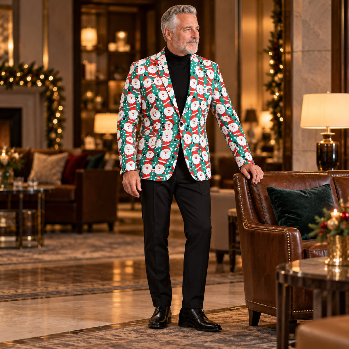 Wisholic statement green Santa Claus holiday blazer paired with sleek black dress trousers and leather dress shoes in a luxury lounge