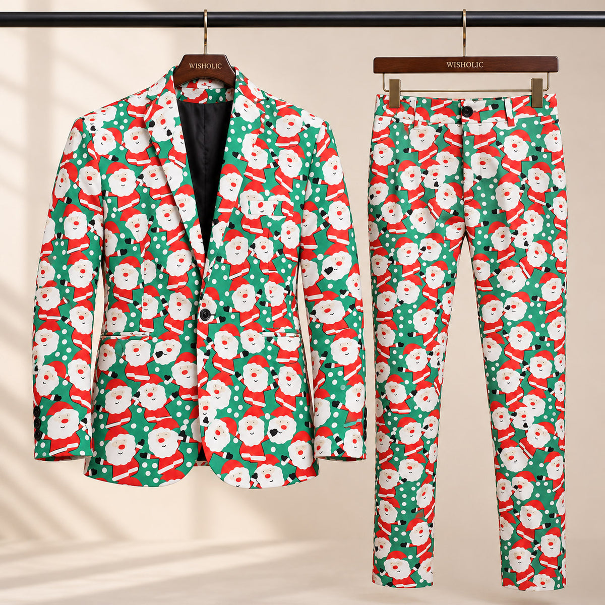Wisholic green Santa Claus allover print 2-piece Christmas suit set with blazer jacket and matching trousers on wooden hangers