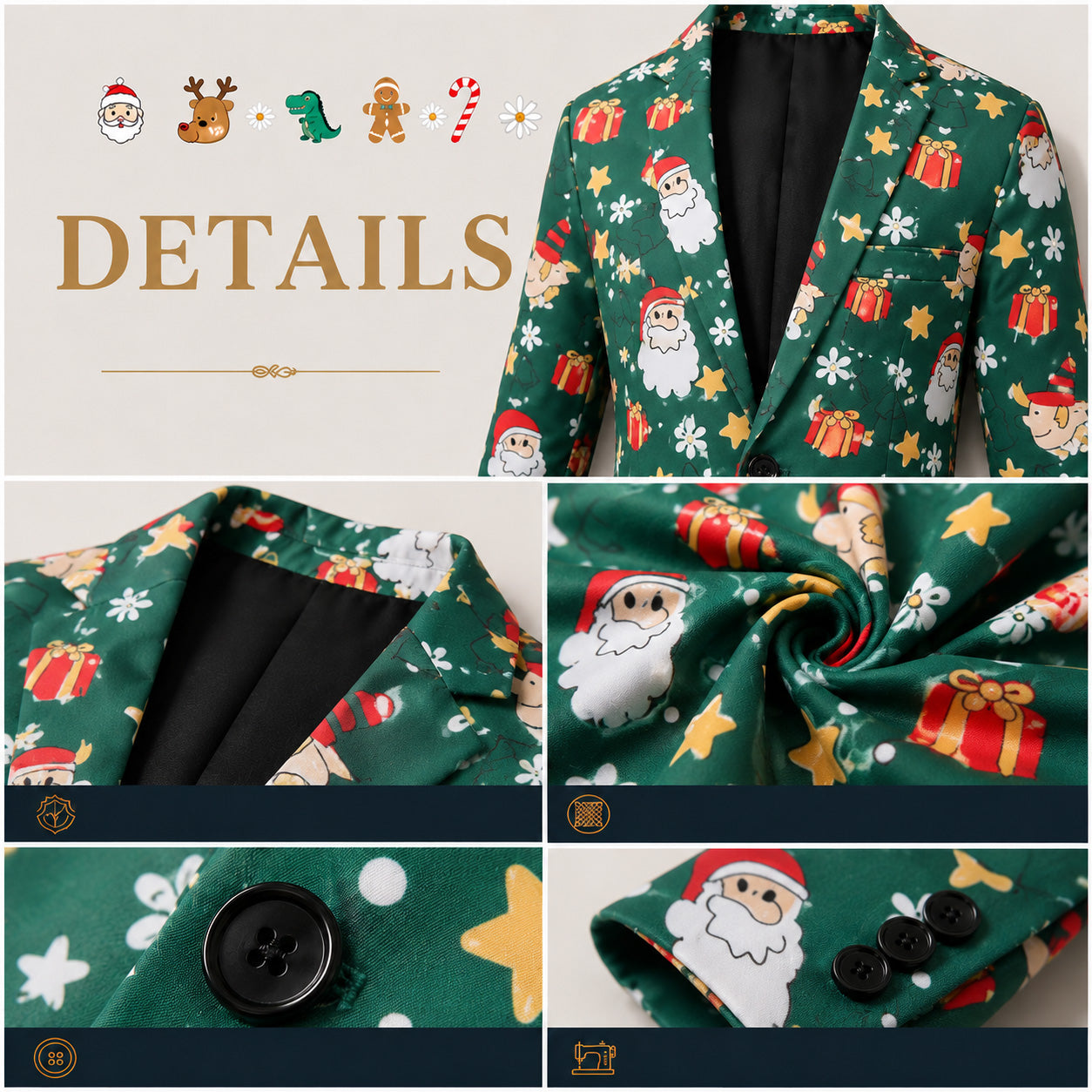 Close-up view of WISHOLIC green Santa Claus print suit details including lapel, fabric texture, sleeve buttons, and stitching.