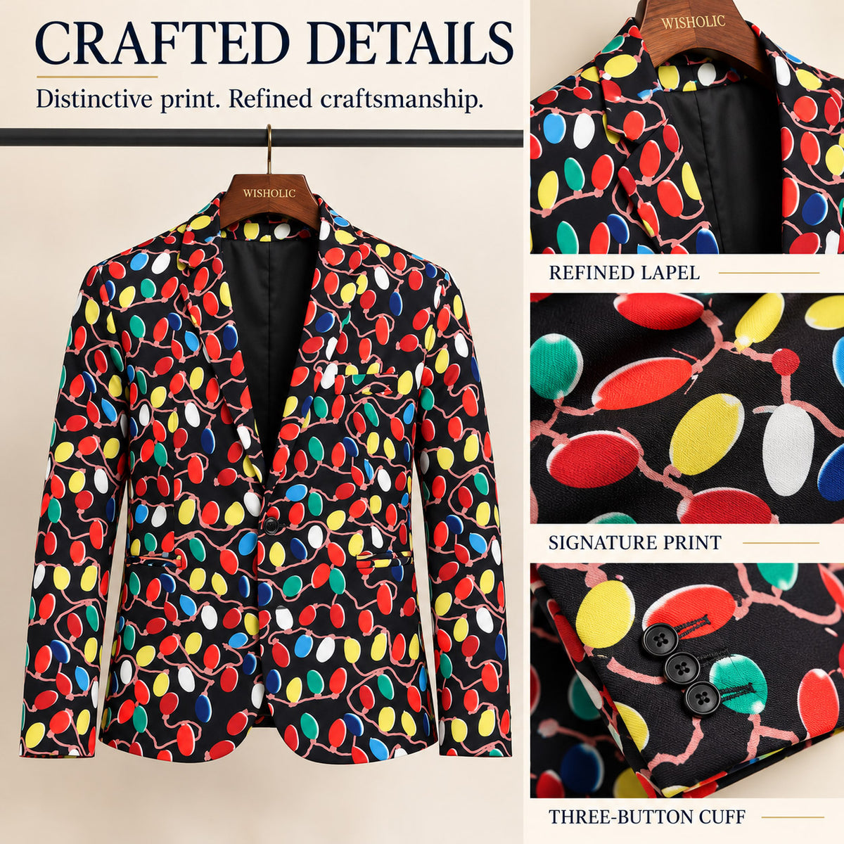 Crafted details of Wisholic Christmas print blazer showing notch lapel, holiday light fabric, and three-button cuff