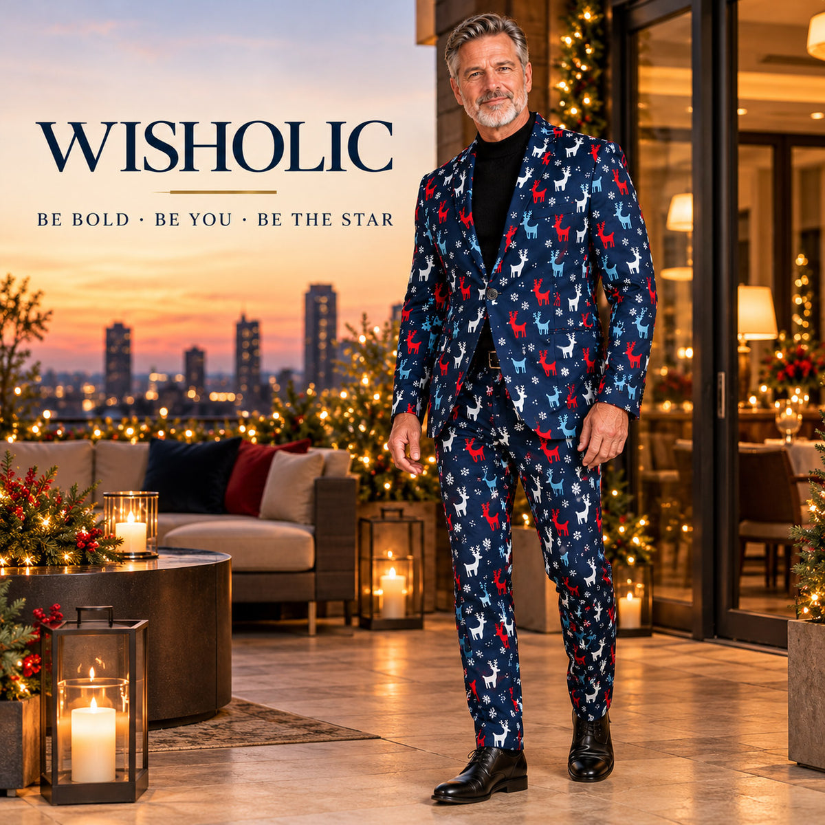 Wisholic Be Bold Be You campaign featuring model in elegant navy Christmas printed suit on a festive luxury rooftop terrace