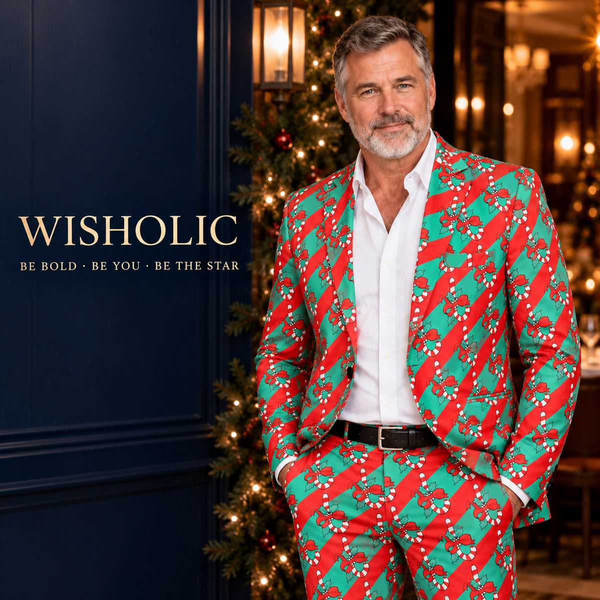 Wisholic holiday campaign photo featuring a handsome man in a candy cane printed festive suit with brand slogan