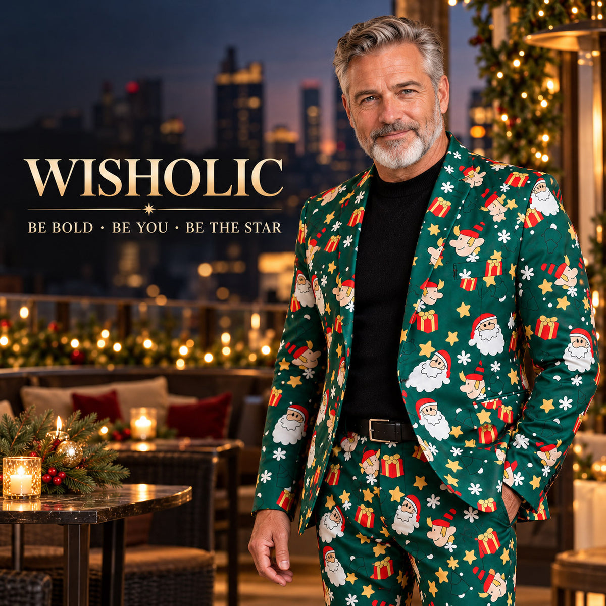 Wisholic Be Bold Be You campaign featuring men's statement green Christmas pattern suit against city skyline
