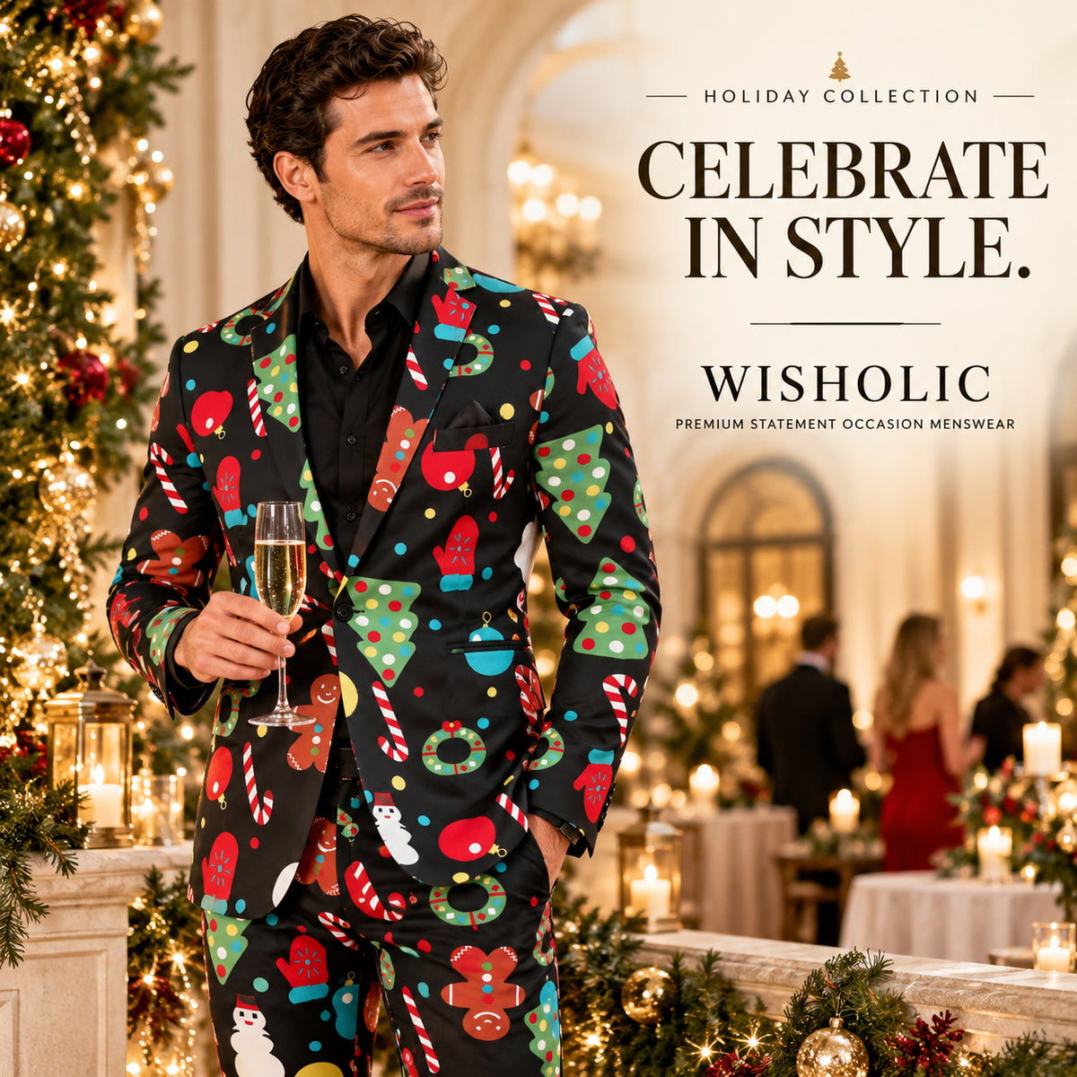 Wisholic Holiday Collection banner featuring men's premium festive Christmas printed suit