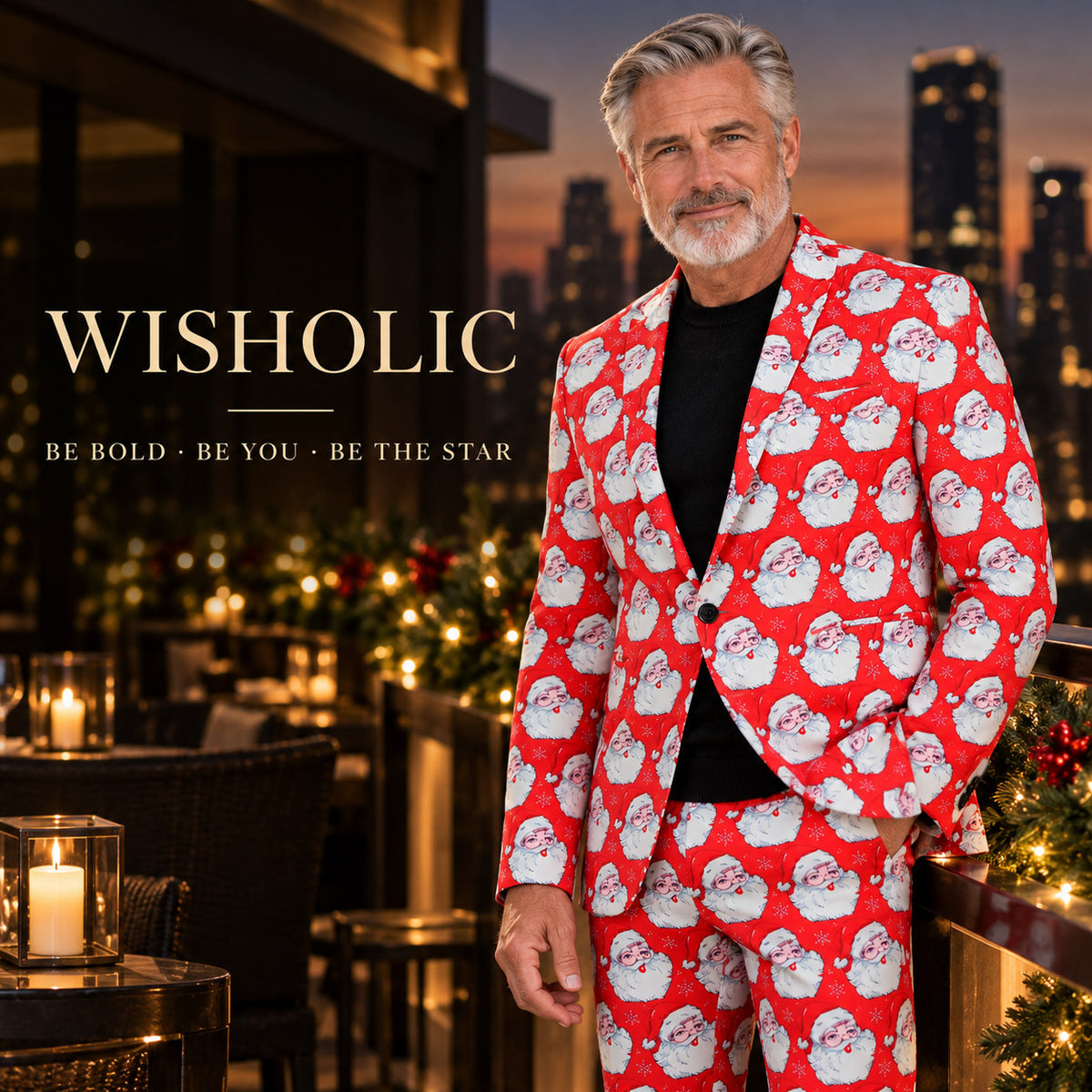 Wisholic holiday menswear collection banner featuring an elegant man in a red Santa Claus print suit at an evening rooftop terrace