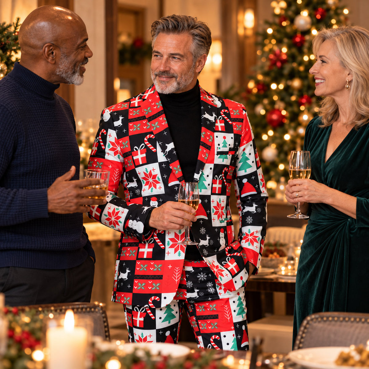 Smiling man wearing Wisholic Christmas patchwork suit toasting champagne with friends at an elegant holiday dinner