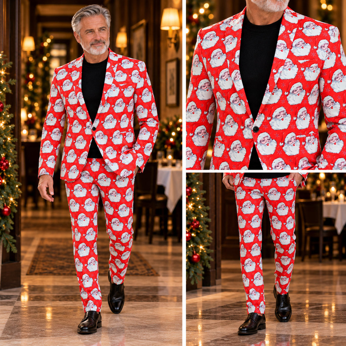 Full-body styling and detail view collage of Wisholic men's red Santa print Christmas suit paired with black dress shoes