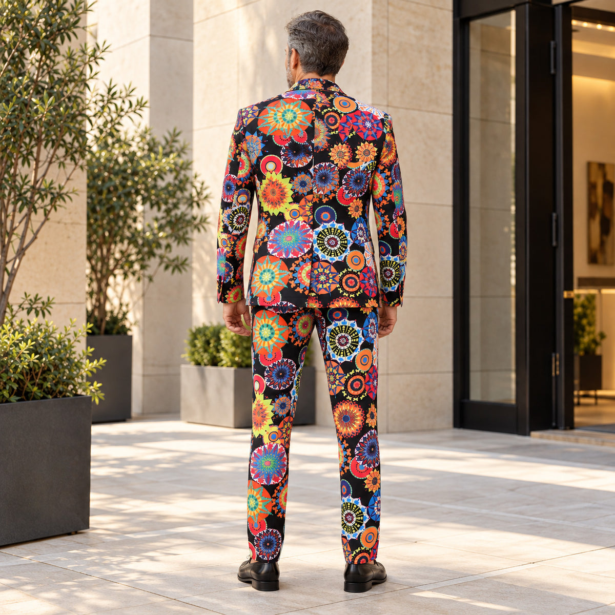 Back view of the WISHOLIC Kaleidoscope Floral Suit showing the multicolor printed blazer and matching trousers.