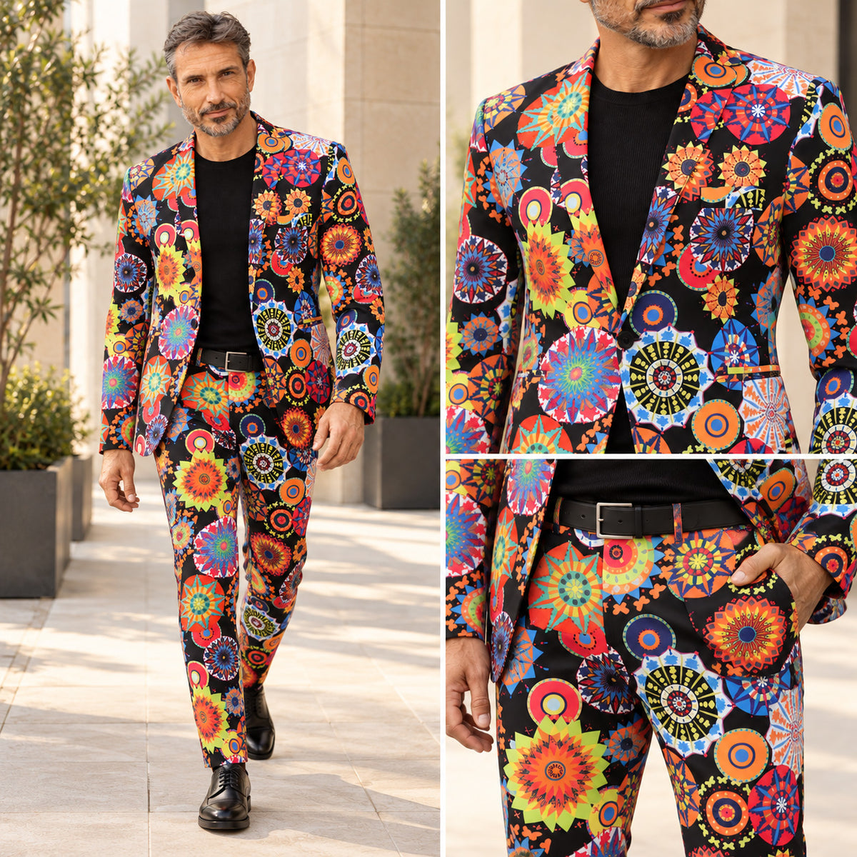 WISHOLIC Kaleidoscope Floral men's suit shown in a full-length outfit and close-up view highlighting its colorful geometric floral pattern.