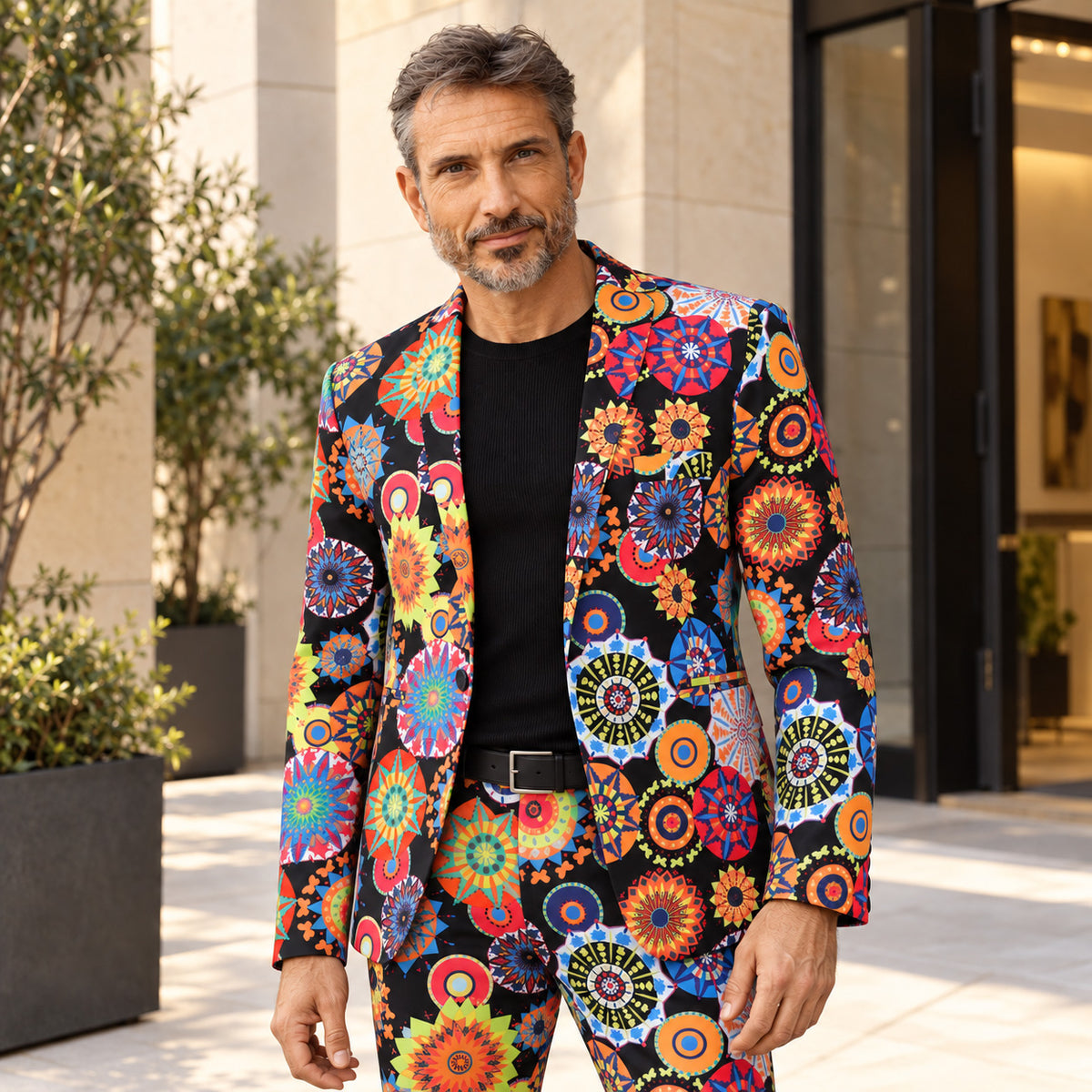 WISHOLIC Kaleidoscope Floral Suit for men featuring vibrant multicolor geometric floral prints on black, styled with a black knit shirt.