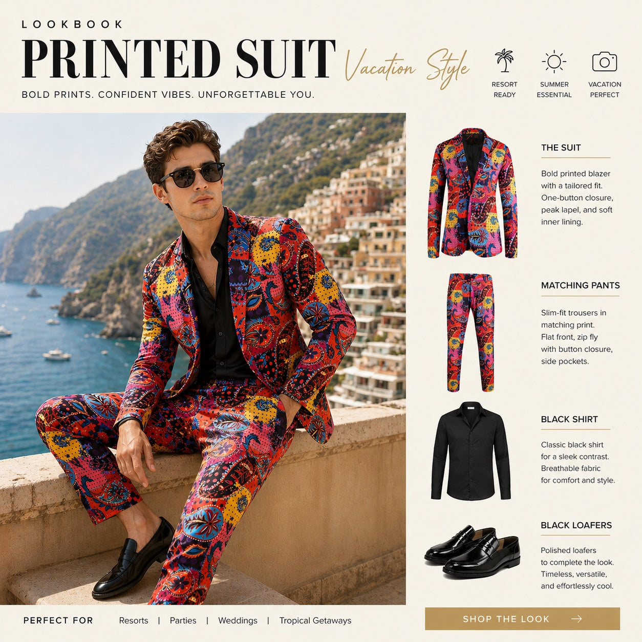 Wisholic lookbook page for vacation style printed suit including blazer, matching pants, black shirt, and loafers.