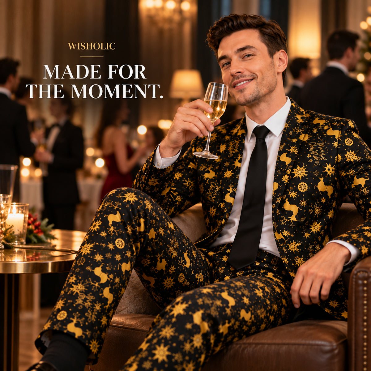 Man seated in Wisholic black and gold printed Christmas suit holding a champagne glass at a formal festive gathering.