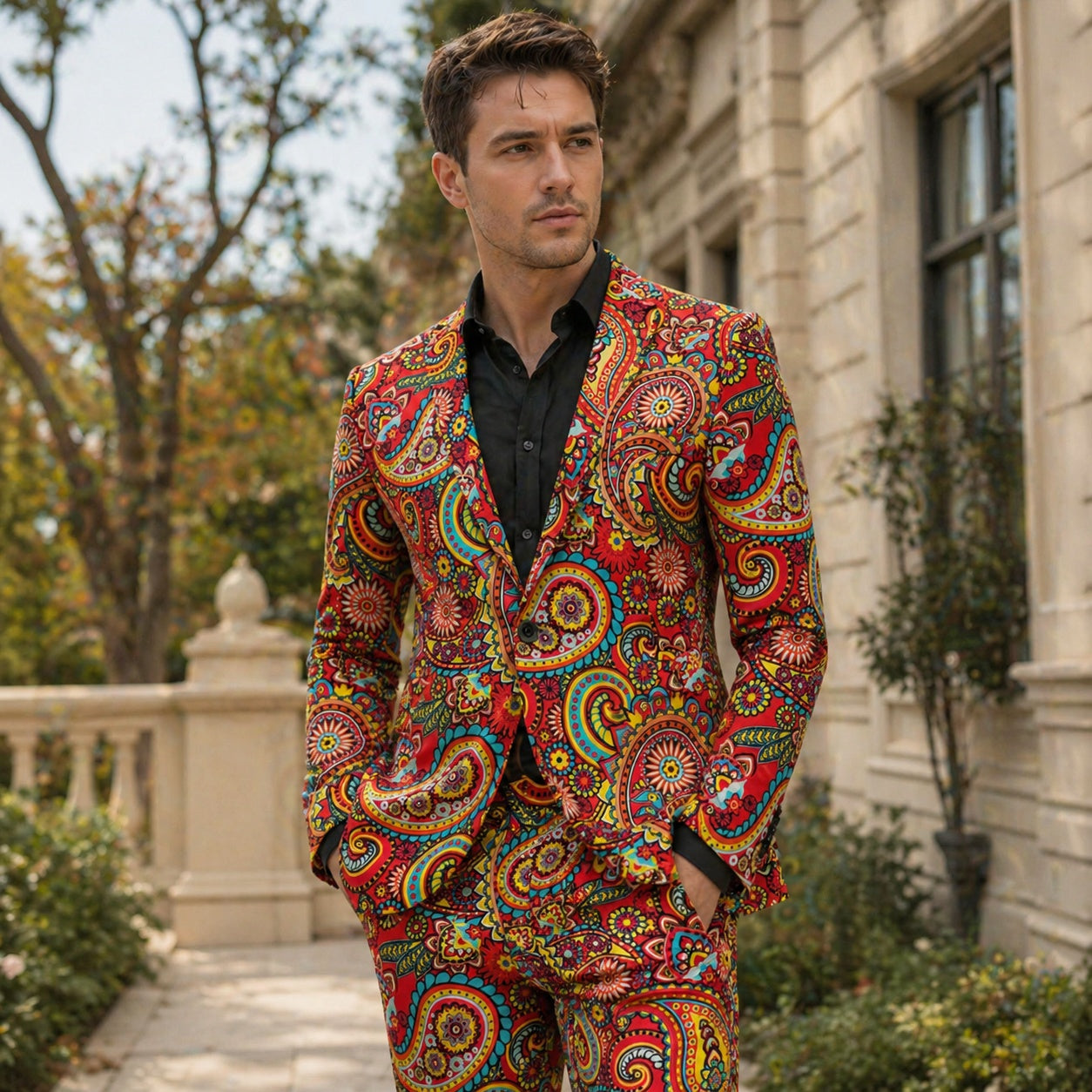 A handsome male model posing in a luxury Wisholic red paisley printed slim-fit suit paired with a black button-down shirt in a classic estate garden.