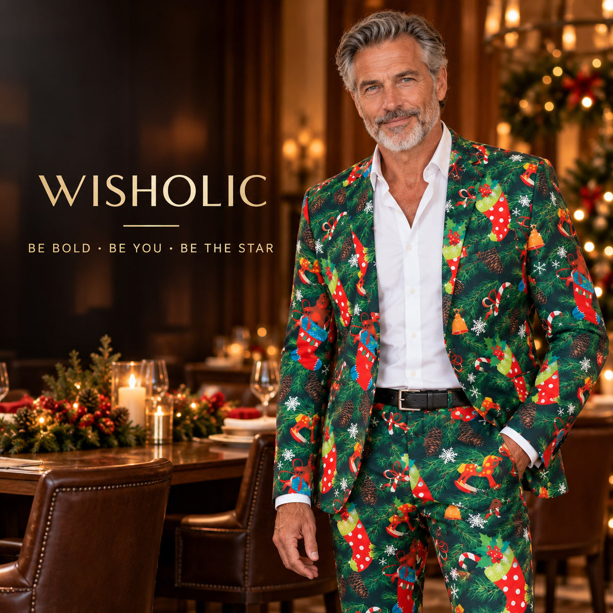 Wisholic brand campaign visual featuring a distinguished man in a premium festive Christmas print suit at an upscale holiday dining venue.