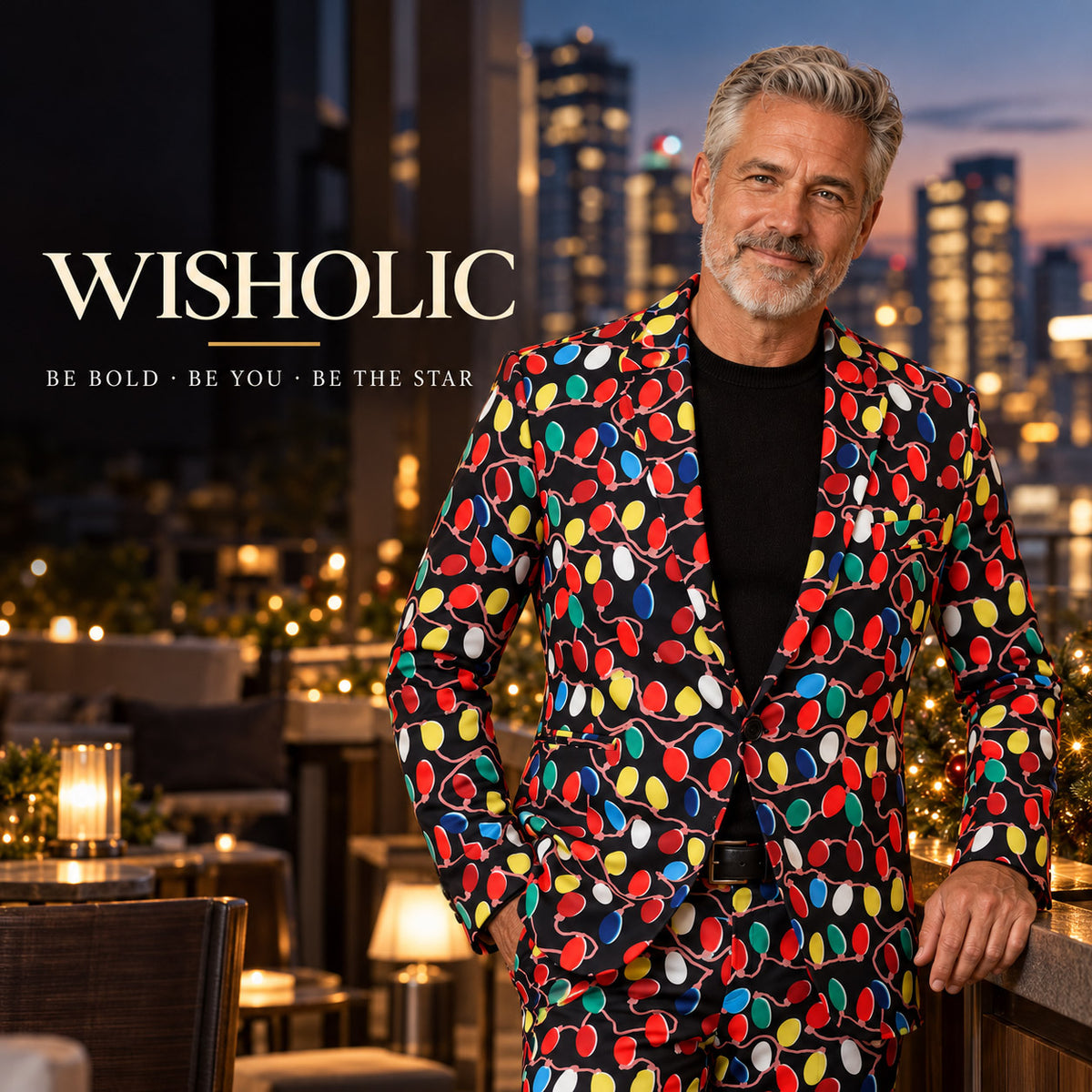 Wisholic holiday campaign featuring a man in a bold Christmas light printed suit at an evening rooftop lounge