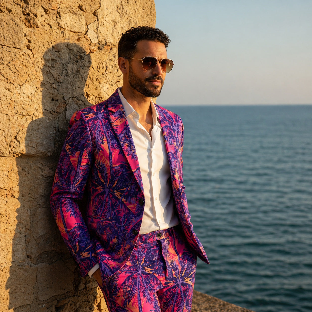 WISHOLIC men's tropical palm suit styled for a luxury coastal vacation, standing against a beautiful ocean backdrop at sunset.