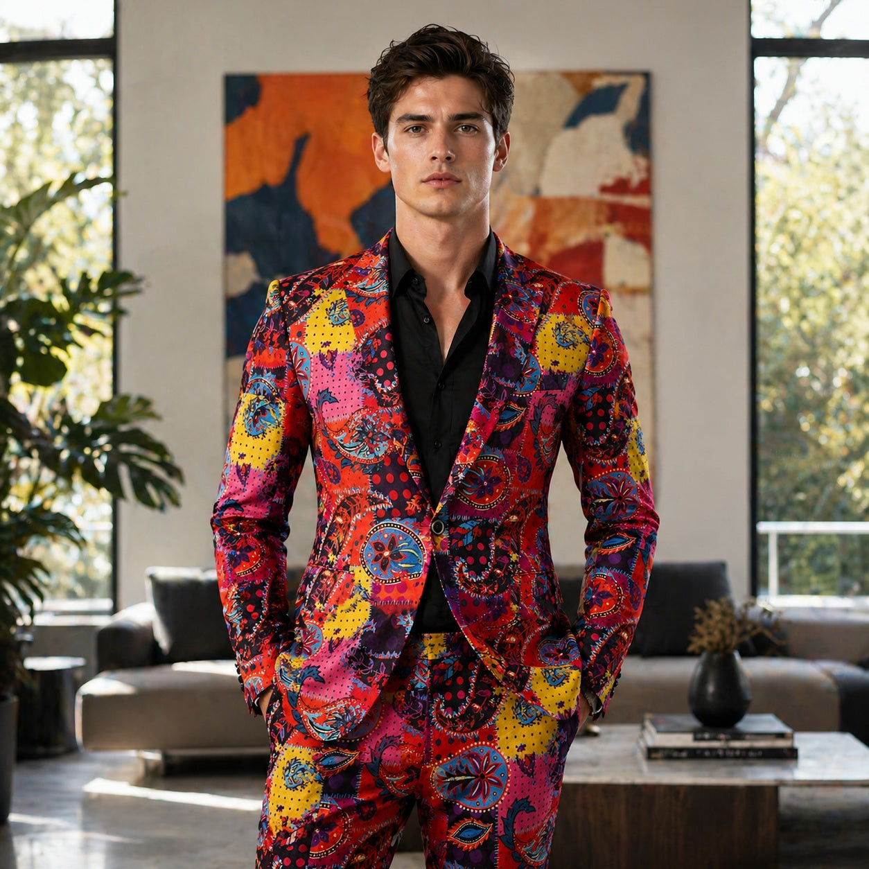 Close-up front view of a man wearing Wisholic Magma series artistic printed slim-fit suit in a modern living room setting.
