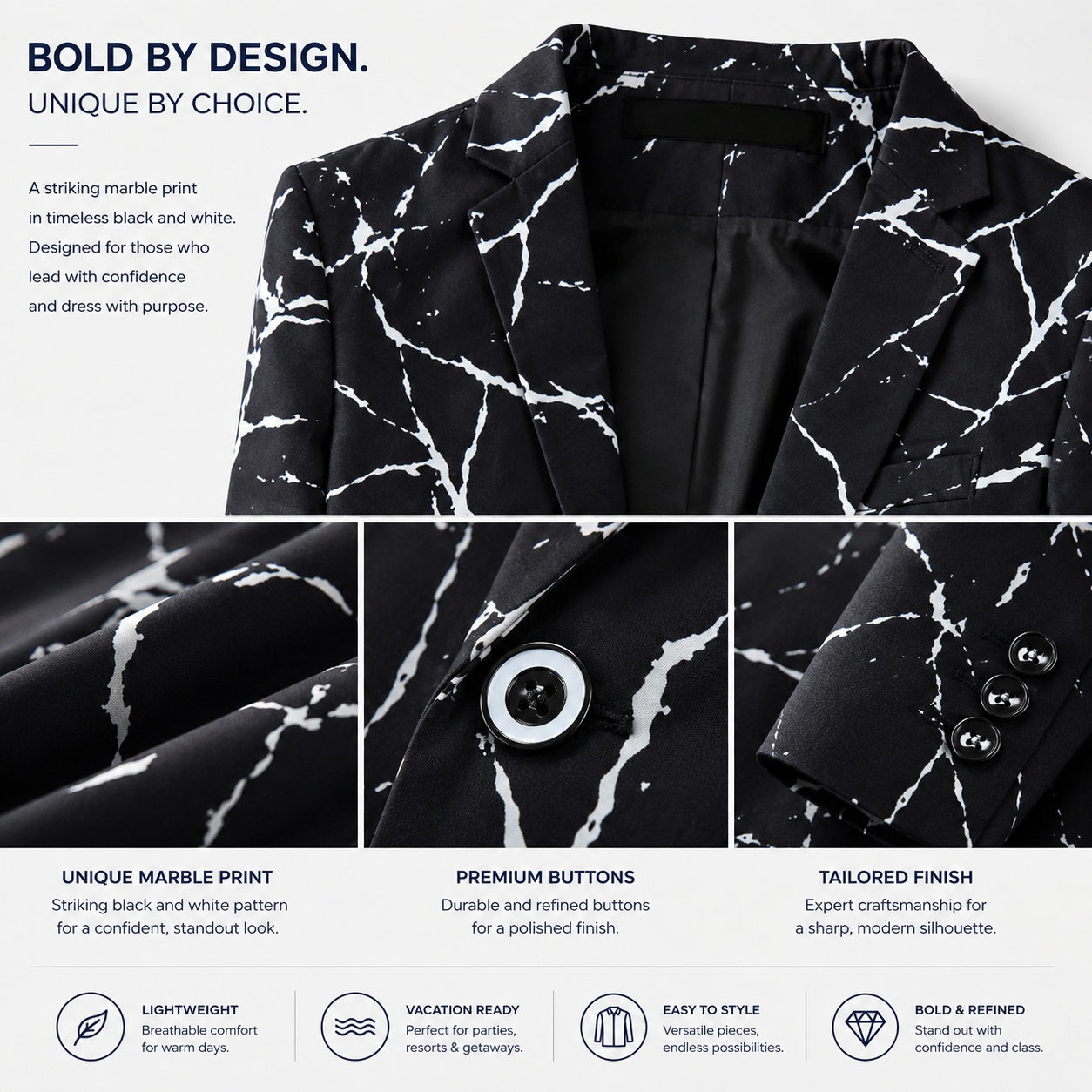 Close-up details of Wisholic marble print suit showcasing premium buttons, tailored finish, and high-quality fabric texture.