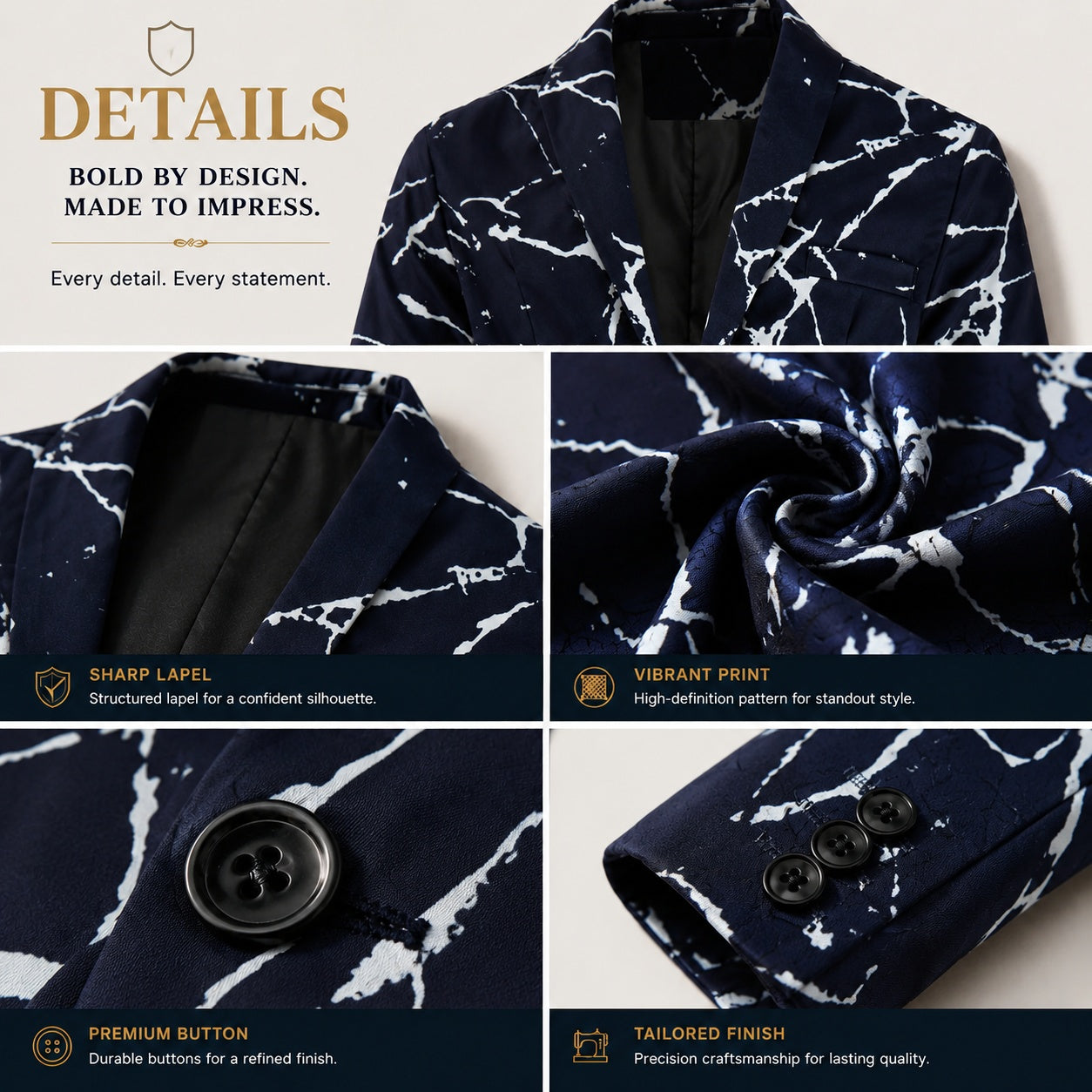 Close-up product shots of Wisholic suit showing the sharp lapel structure, high-definition vibrant marble print, premium black buttons, and tailored finish stitching.