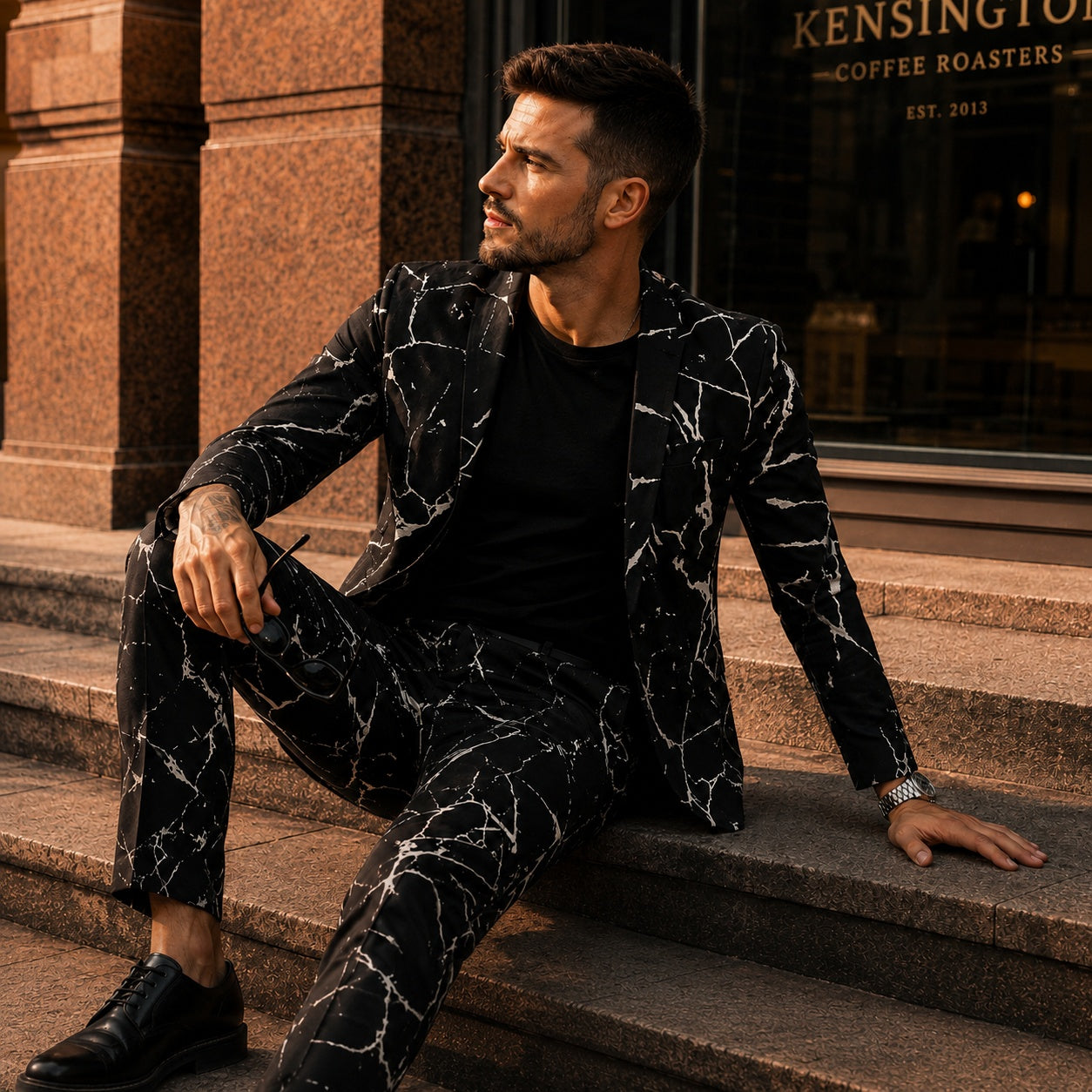 High-end Wisholic men's slim fit suit featuring a striking black and white marble print, styled for a modern urban look.