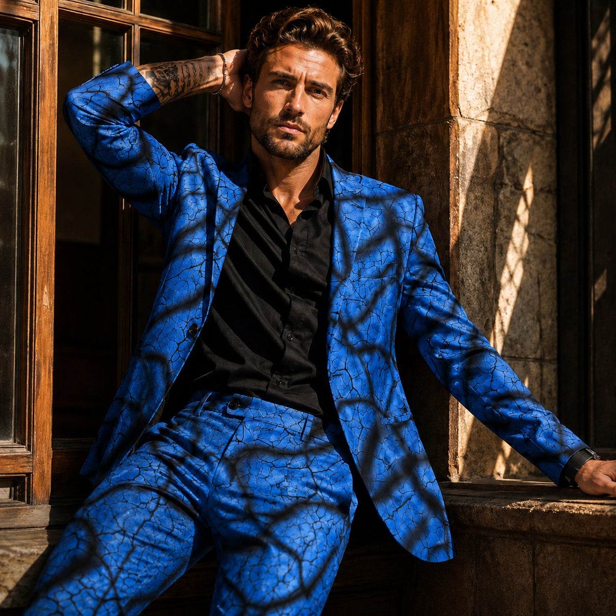 WISHOLIC Blue Crackle Print Suit for men, featuring an artistic black branch pattern on a vibrant blue fabric, perfect for high-end fashion statements.