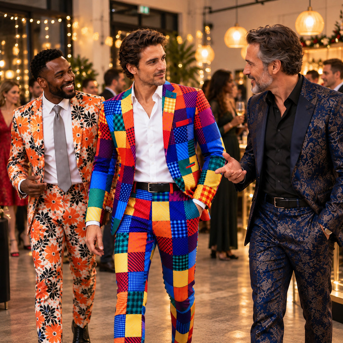 Wisholic men wearing vibrant colorful patchwork and floral statement suit sets at a festive evening party reception