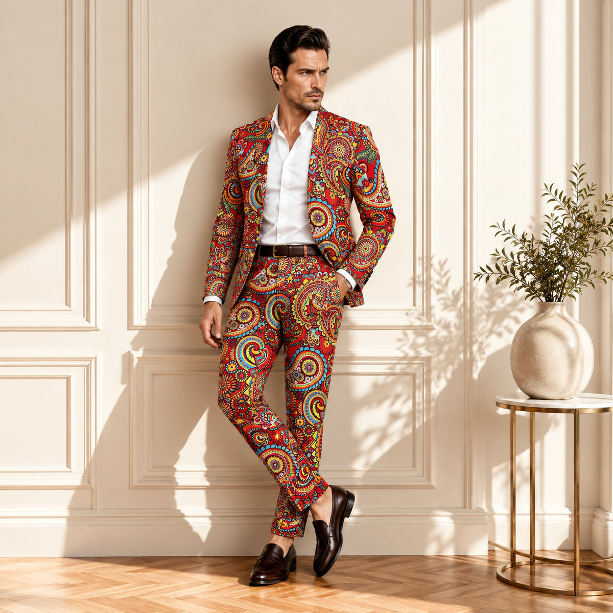 Wisholic men's full-body vibrant red paisley suit styled with a white shirt and brown leather loafers.