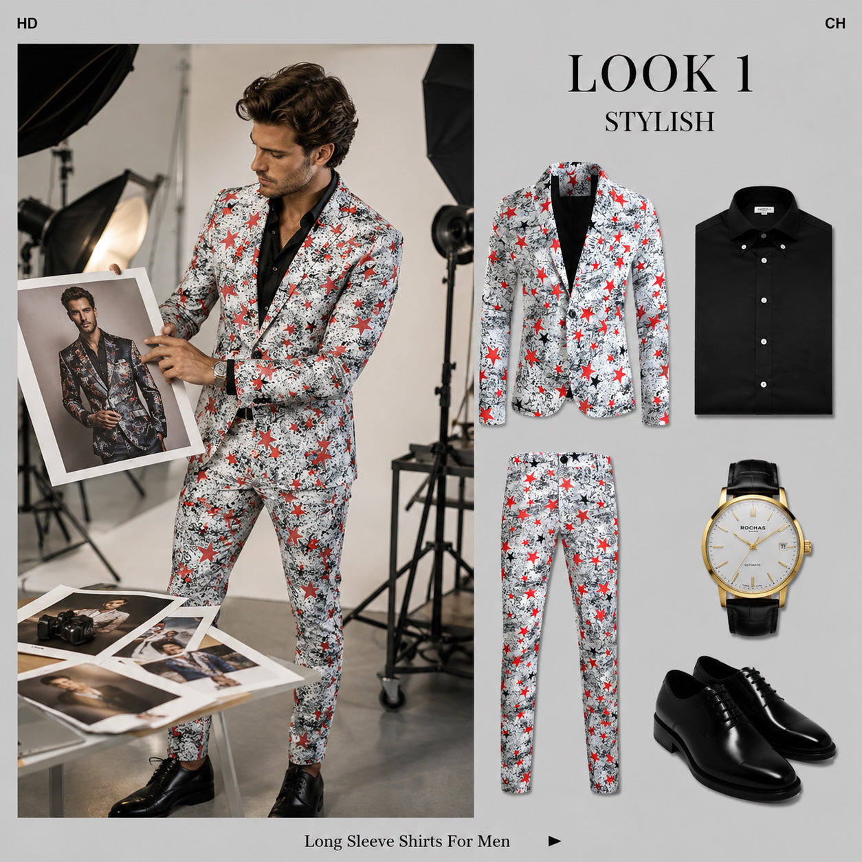 Product lookbook showcasing a complete matching set of men's red star print blazer and trousers, styled with a black dress shirt, gold watch, and oxford leather shoes.