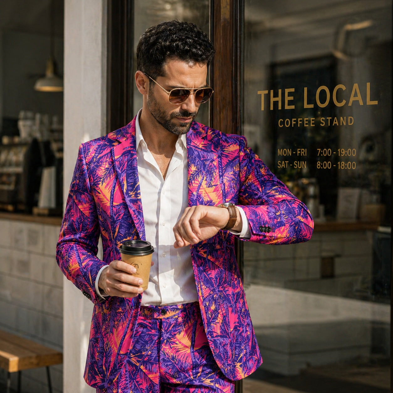 A sophisticated man in WISHOLIC pink and purple palm print suit checking his watch outside a coffee stand, showcasing urban tropical fashion.