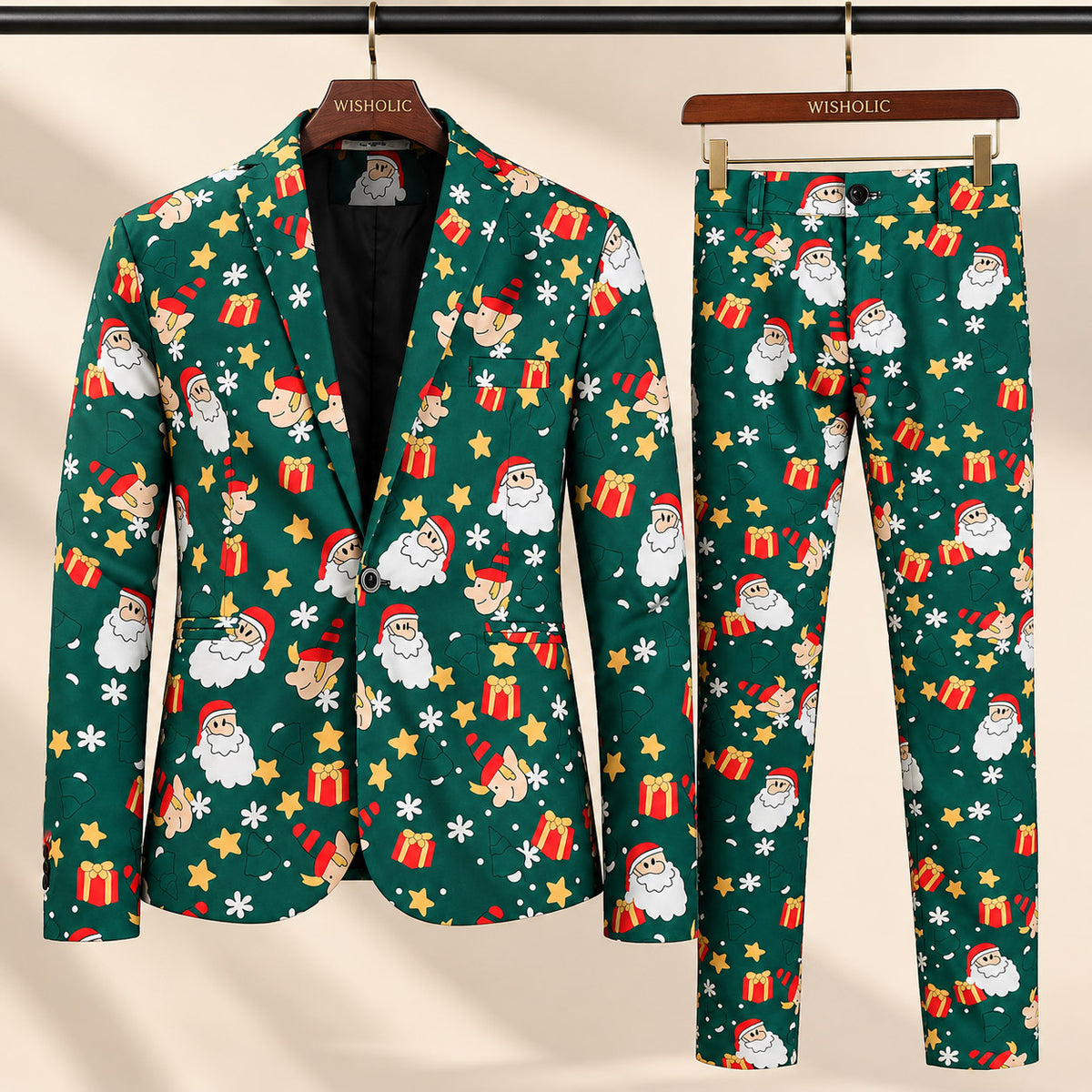 Wisholic 2-piece men's Christmas suit set including printed blazer jacket and matching trousers on hanger