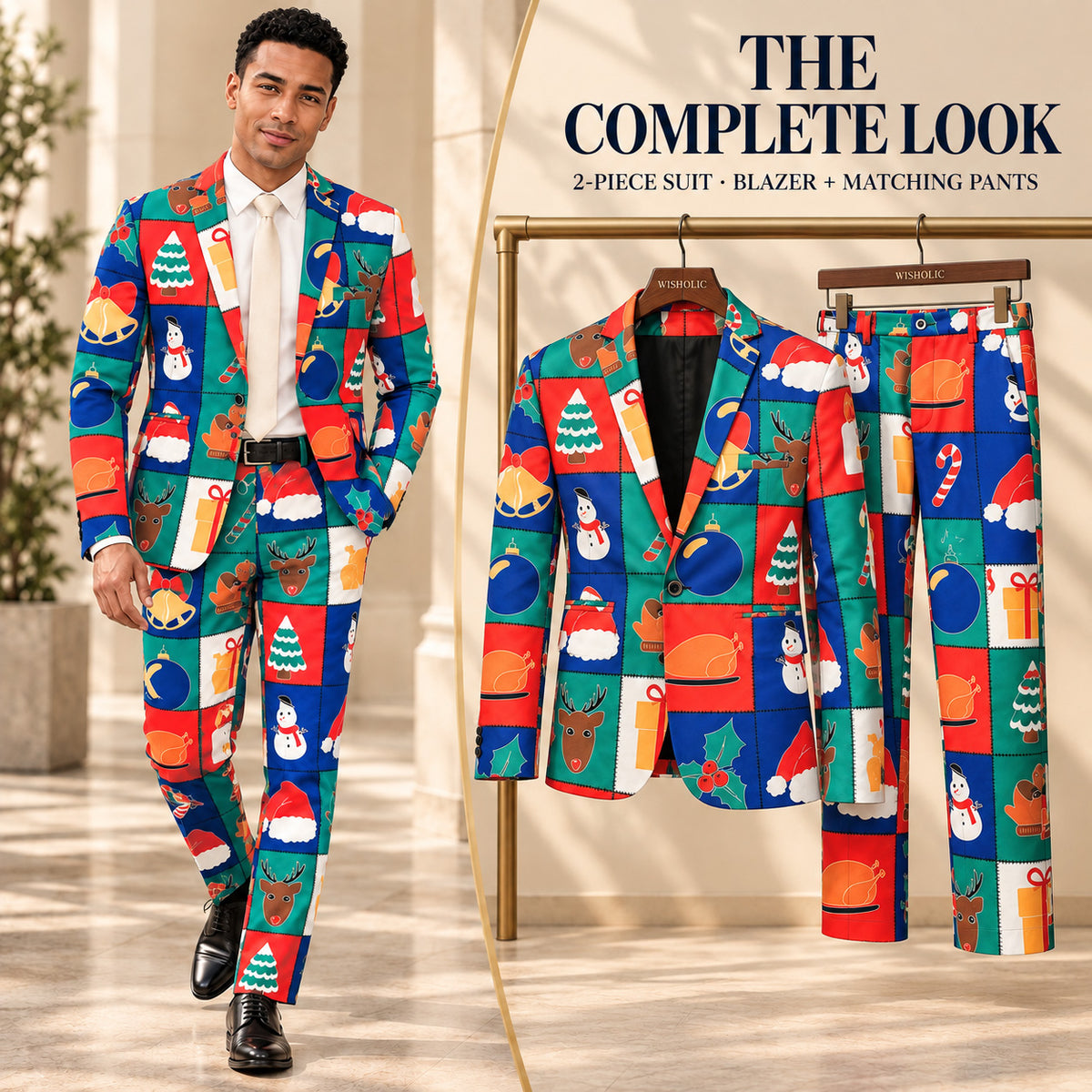 Wisholic complete look set showing men's Christmas suit with blazer and matching pants