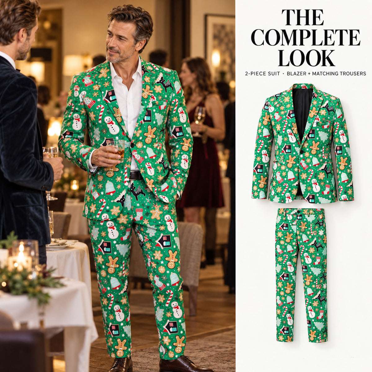 Wisholic 2-piece green Christmas suit featuring festive holiday print blazer and matching trousers.