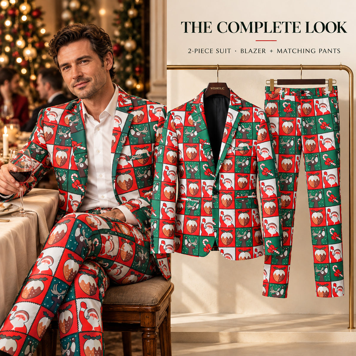 Wisholic men's 2-piece Christmas suit complete look featuring blazer and matching pants for holiday parties.