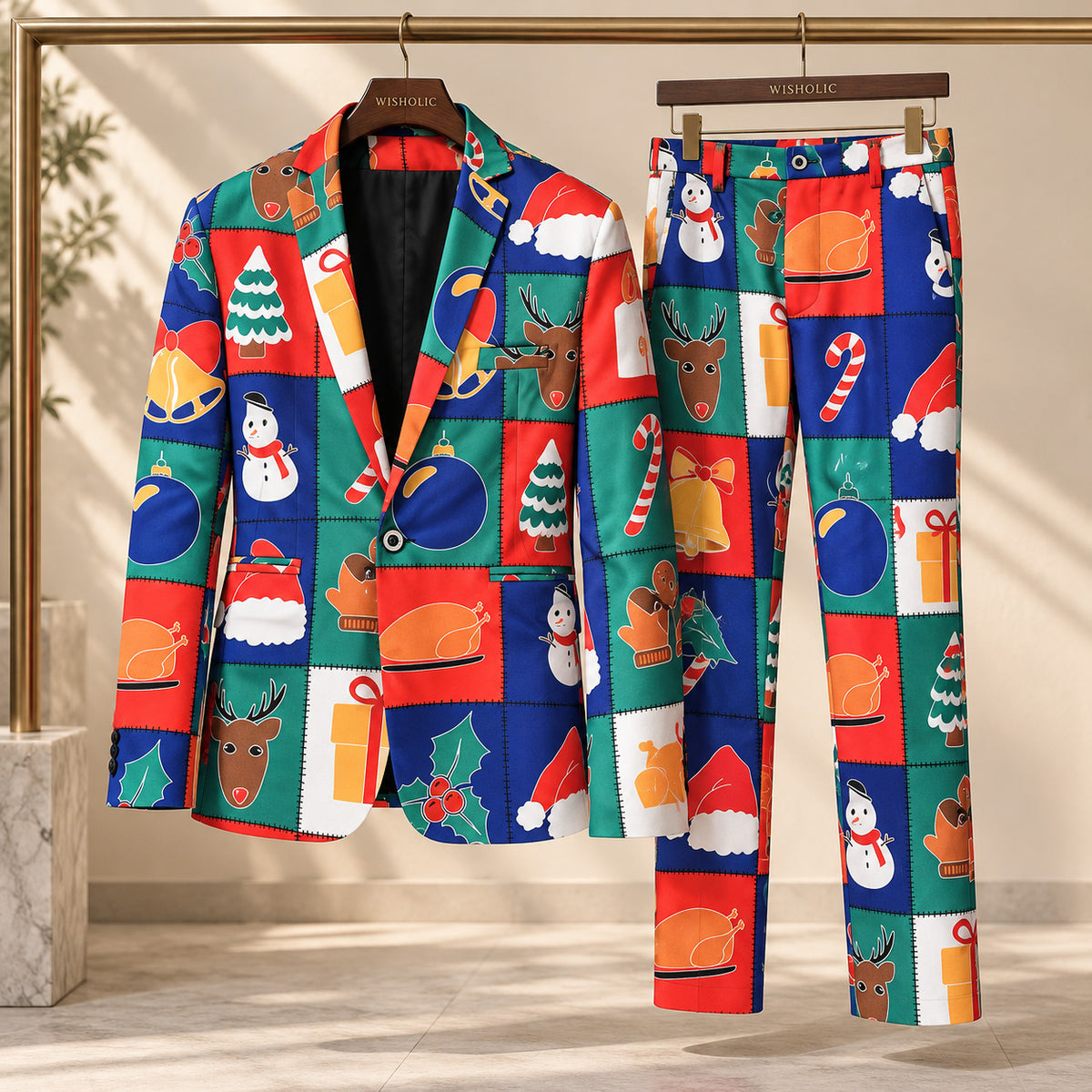 Wisholic 2-piece men's colorful holiday Christmas blazer and matching trousers on hanger