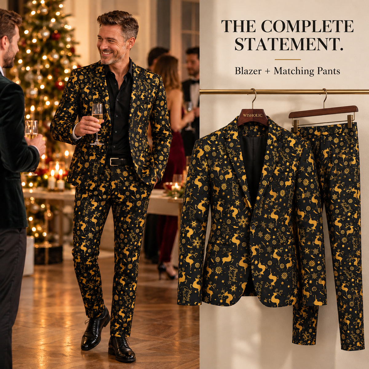 Wisholic men's 2-piece Christmas suit set with matching printed blazer and trousers displayed on hangers and modeled at a holiday event.