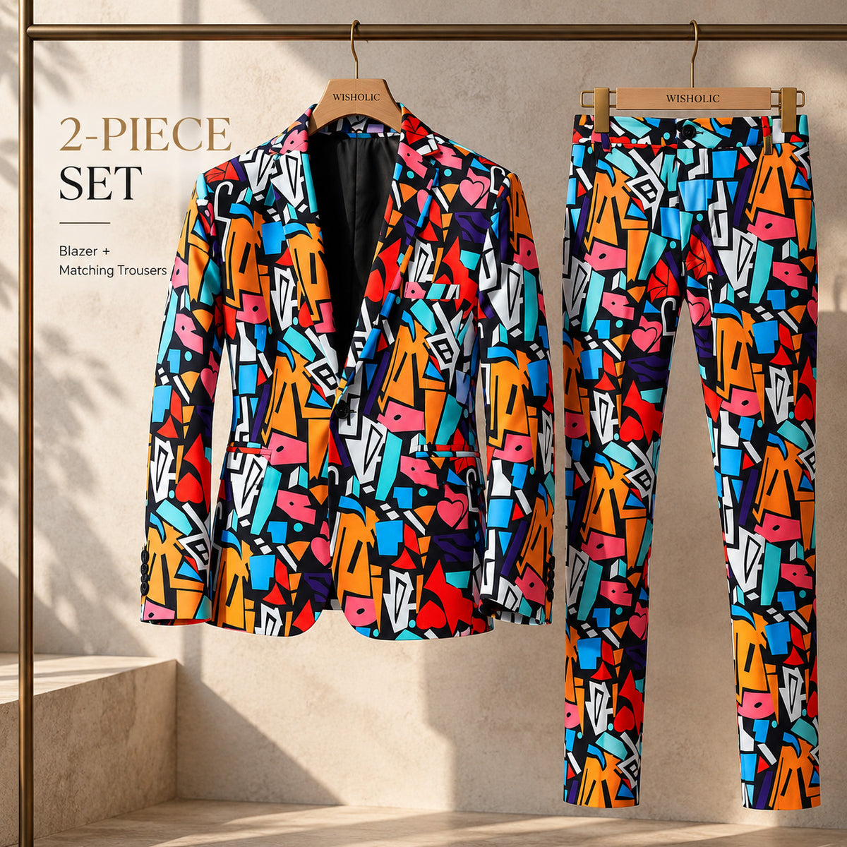 Wisholic 2-piece suit set featuring a printed blazer and matching trousers on hangers
