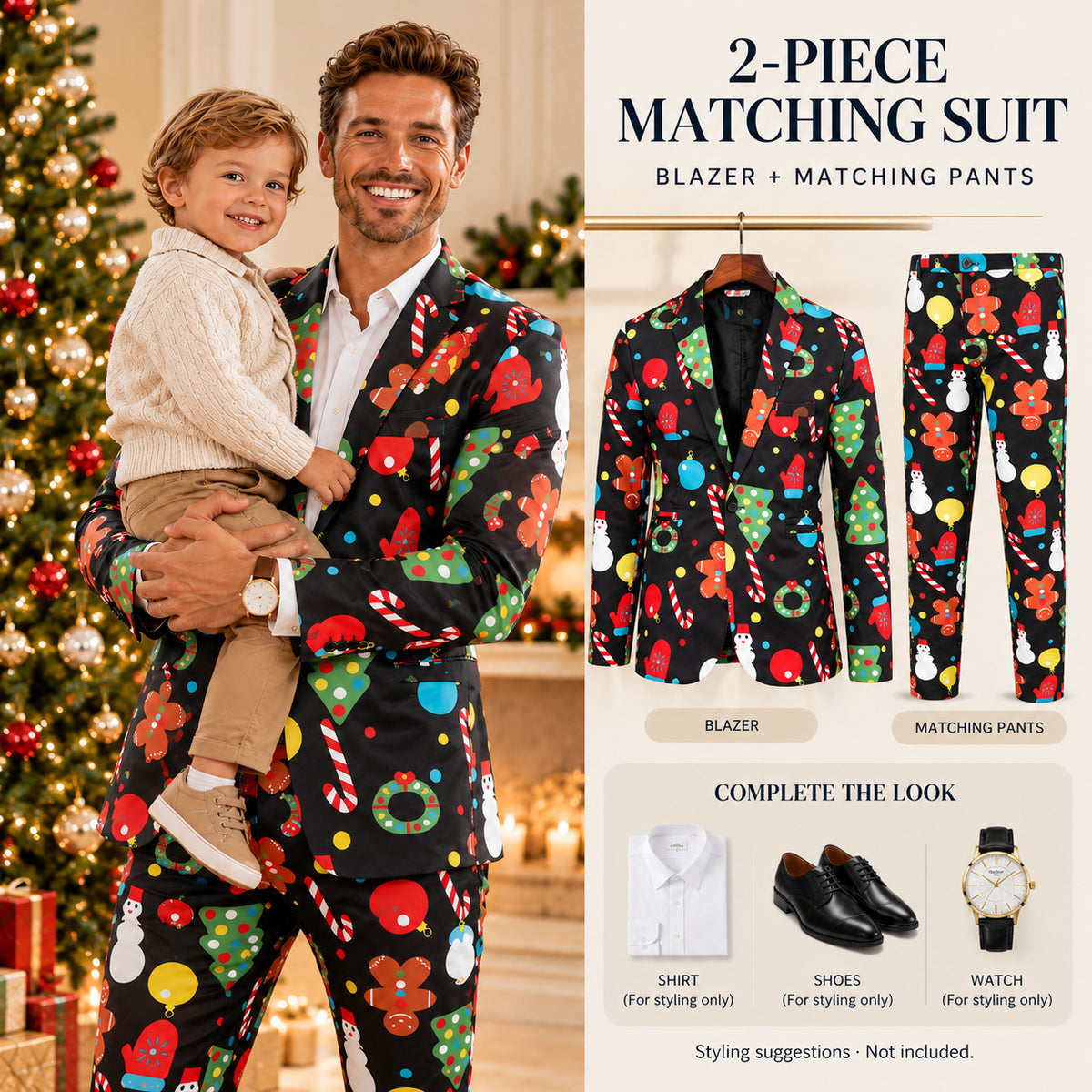 Wisholic 2-piece matching Christmas suit set including printed blazer and matching pants