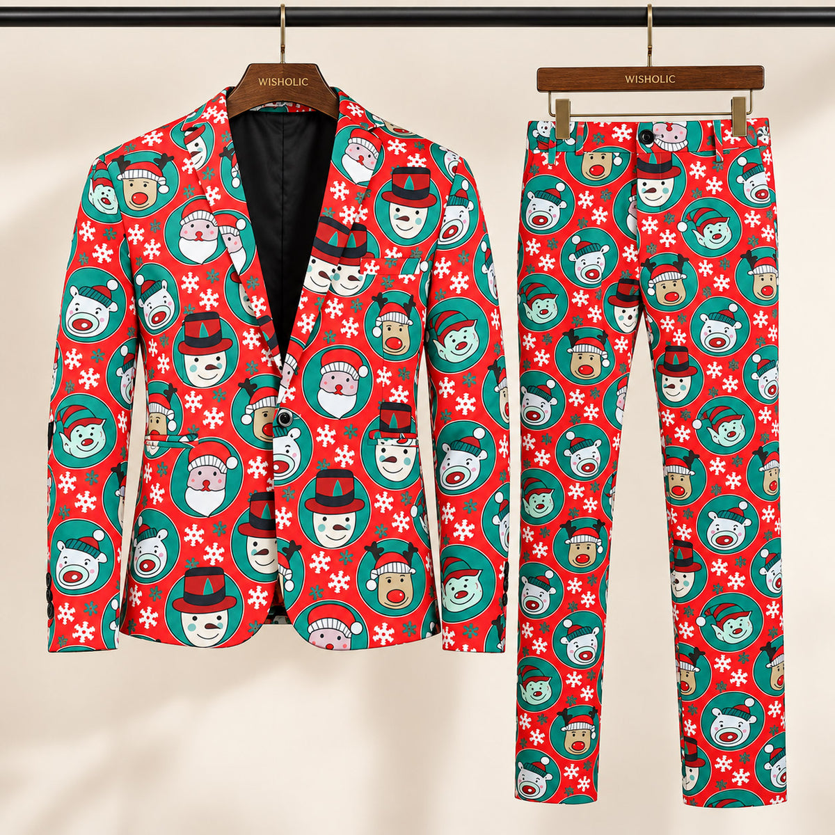 Wisholic two-piece ugly Christmas suit set for men with red printed holiday blazer and matching trousers.