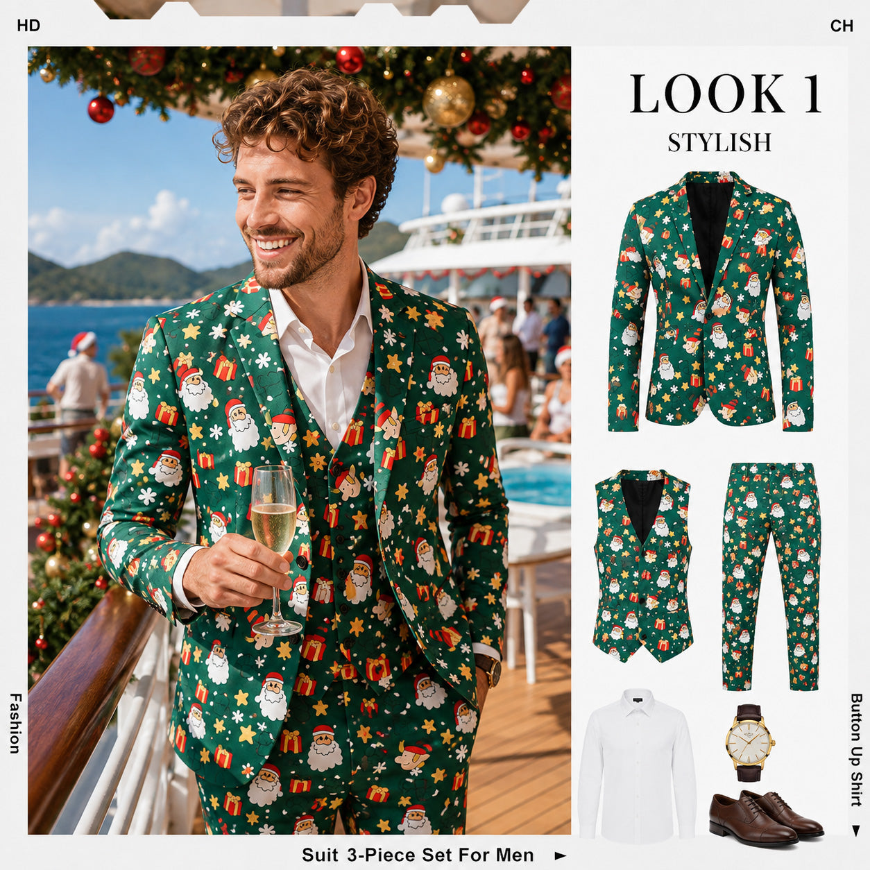 WISHOLIC men's 3-piece Christmas suit set breakdown showing blazer, vest, pants, white shirt, and shoes outfit combination.