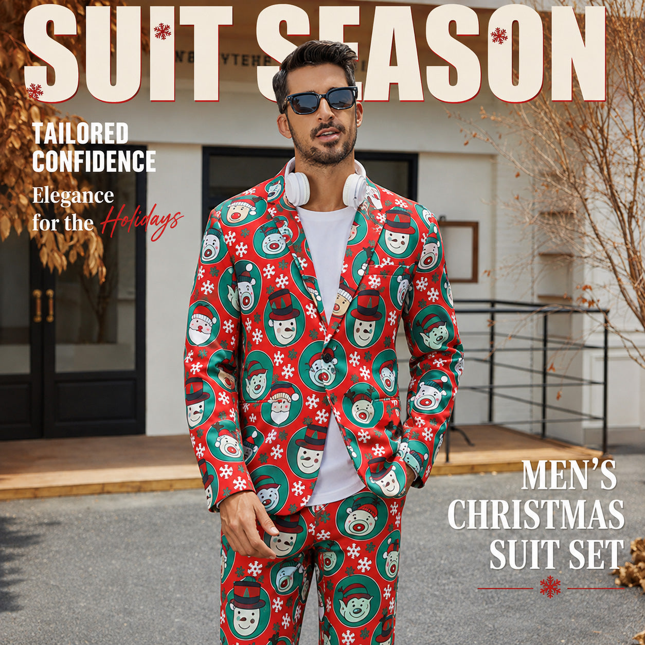 Model wearing a WISHOLIC men's red Christmas suit set with headphones and sunglasses in a promotional holiday banner.