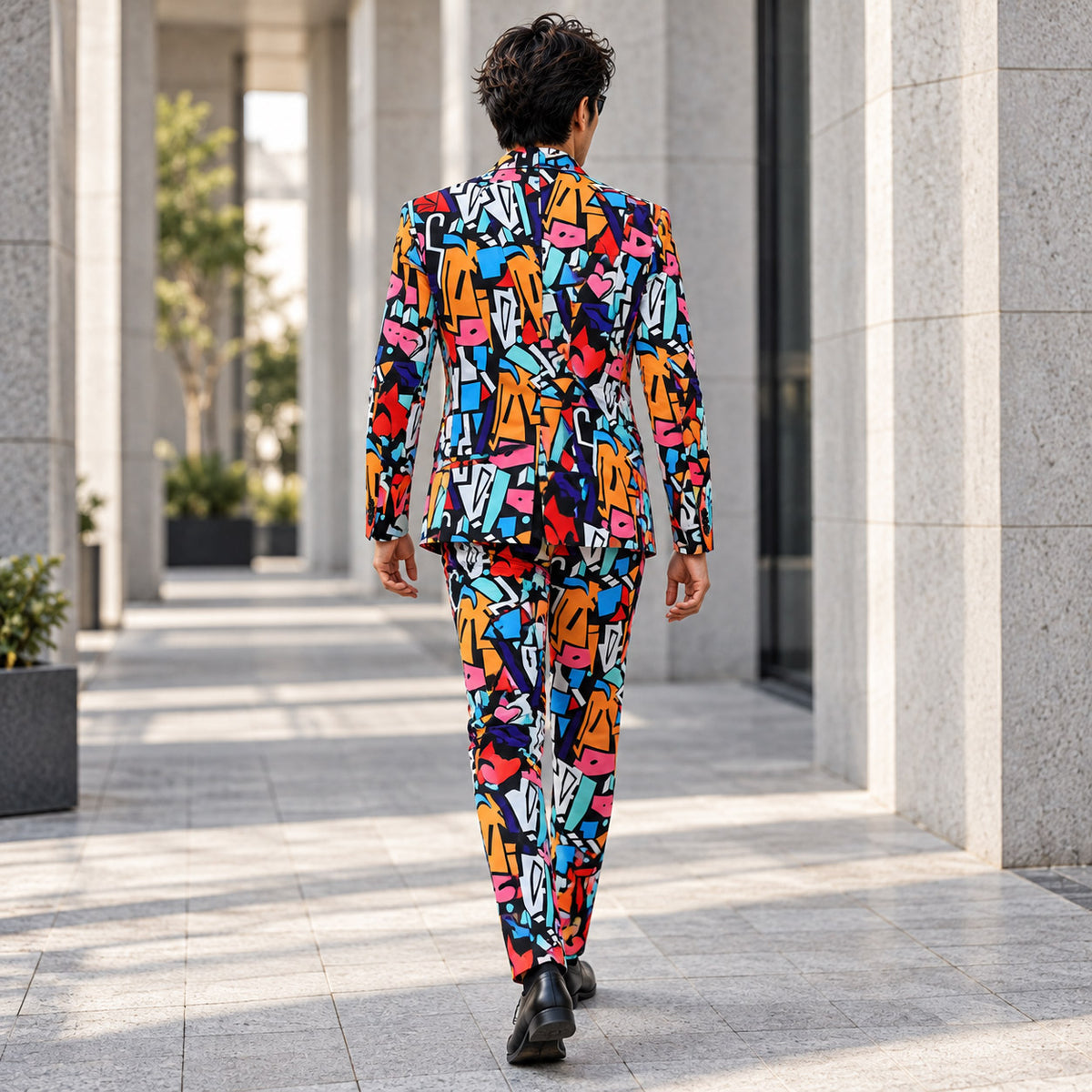 Back view of the WISHOLIC men's multicolor abstract geometric print suit showing the patterned blazer, center back vent and matching trousers.