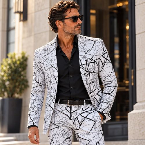 Wisholic men's abstract black and white line art printed two-piece suit styled with black shirt and sunglasses[cite: 40]