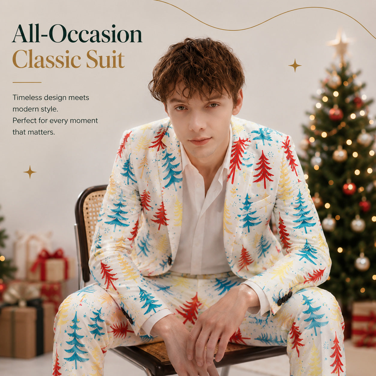 Young male model sitting in front of a decorated Christmas tree in a white Christmas tree pattern suit | WISHOLIC