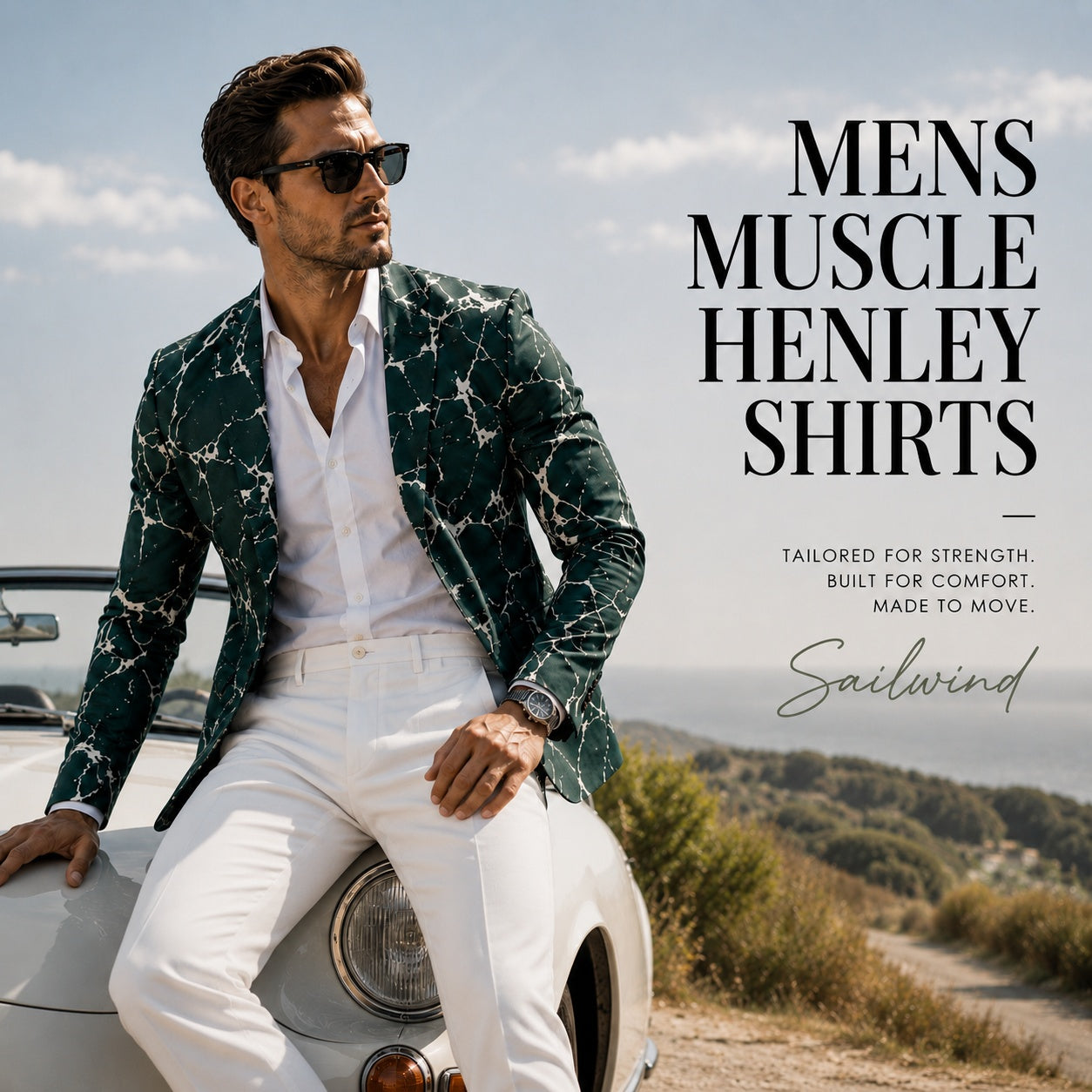Model wearing a Wisholic artistic green printed blazer and tailored white trousers, leaning against a classic white convertible sports car by the coast.