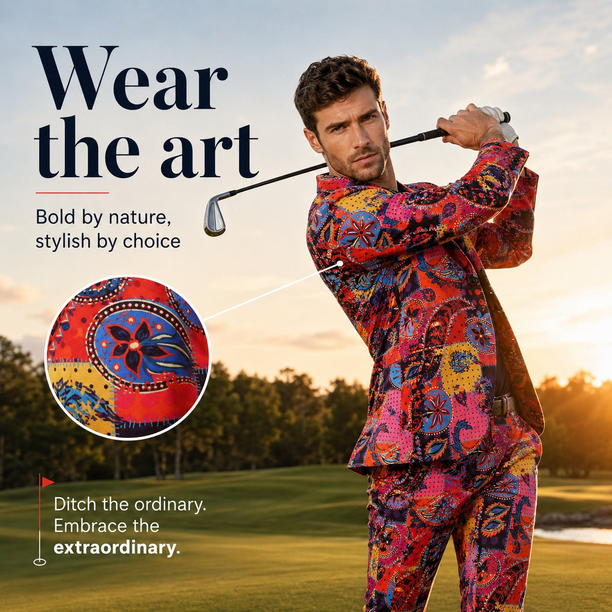 Model playing golf while wearing Wisholic artistic printed suit, highlighting the brand concept Wear the Art and premium outdoor lifestyle fashion.